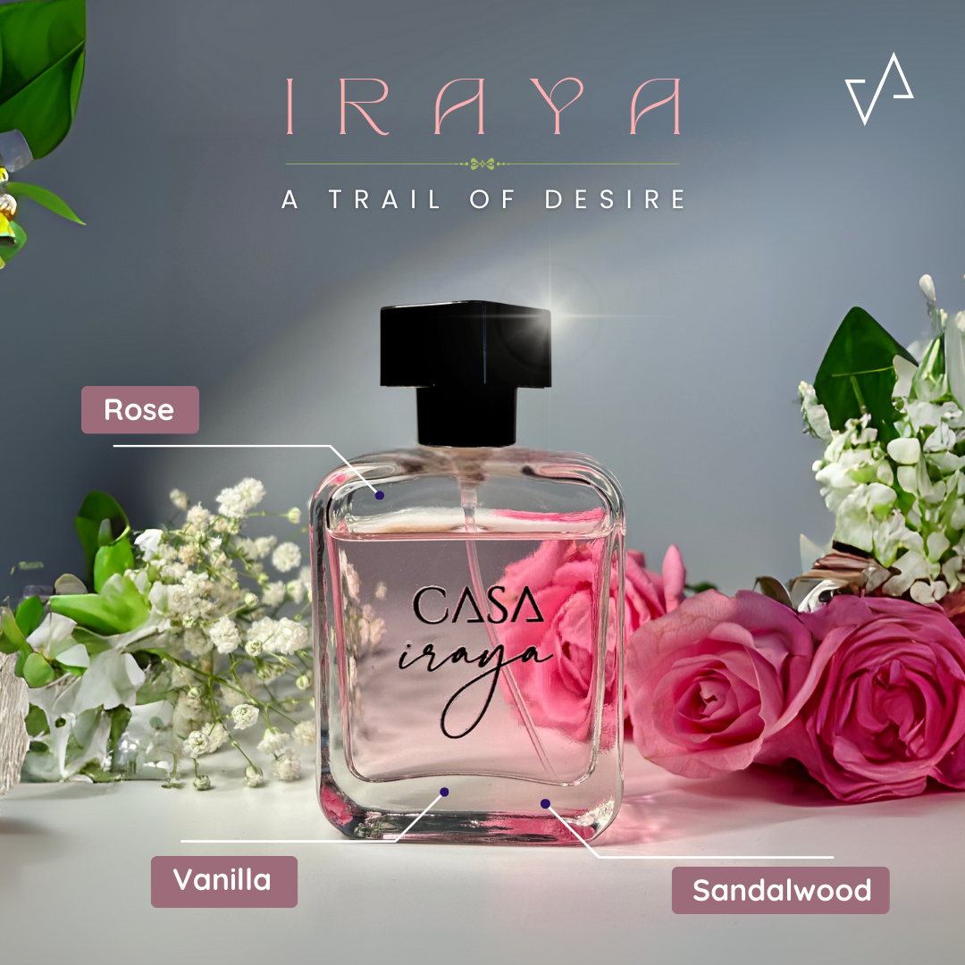 Perfume bottle labeled 'CASA Iraya' with floral elements on a gray background