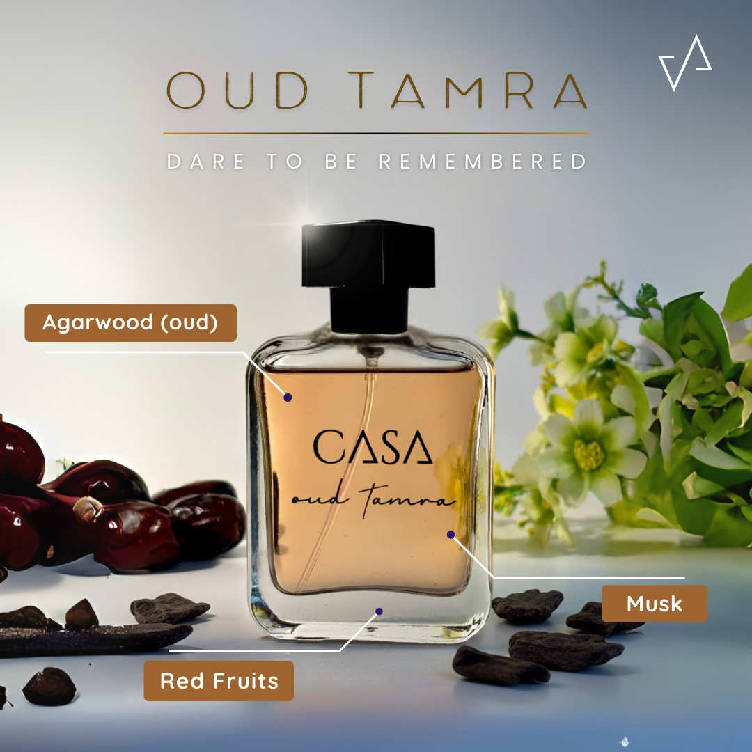 Perfume bottle labeled 'Casa Oud Tamra' with agave, dates, and flowers on a gradient background