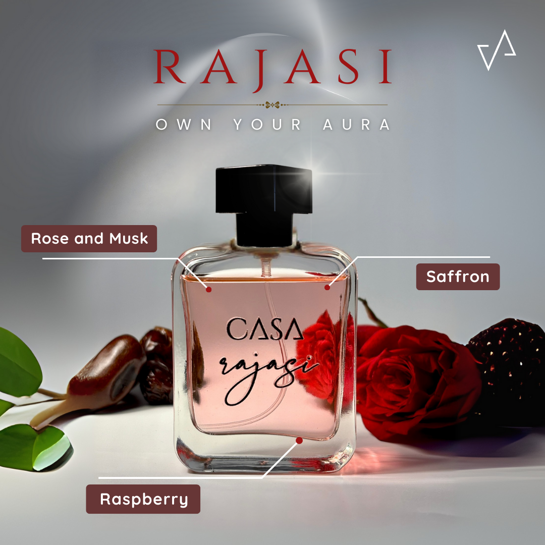 Perfume bottle labeled 'CASA Rajasi' with floral elements on a gray background