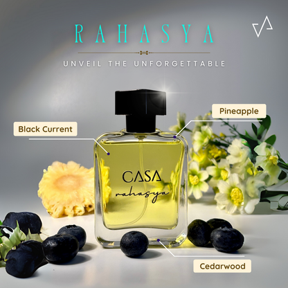 Perfume bottle labeled 'Casa Rahasya' with floral and fruit elements on a gray background