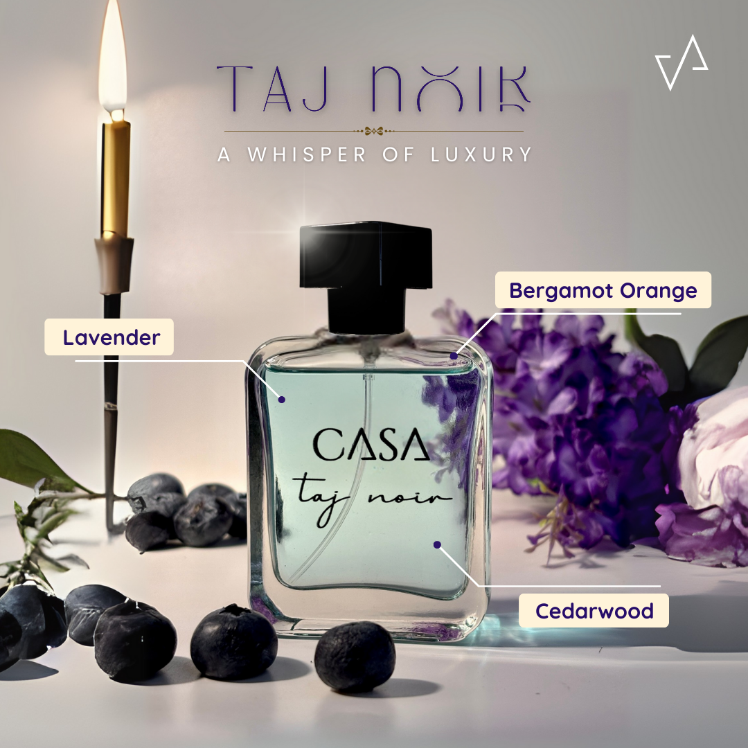 CASA Taj Noir perfume bottle with lavender, blueberries, and flowers on a light background